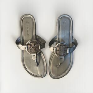 Tory Burch Women’s Miller Sandals Silver Metallic Leather Logo Thong Flops 41